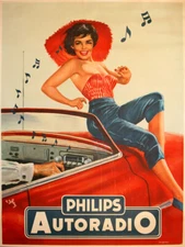 Vintage pin up Philips Autoradio ad reproduction steel sign man cave decor
