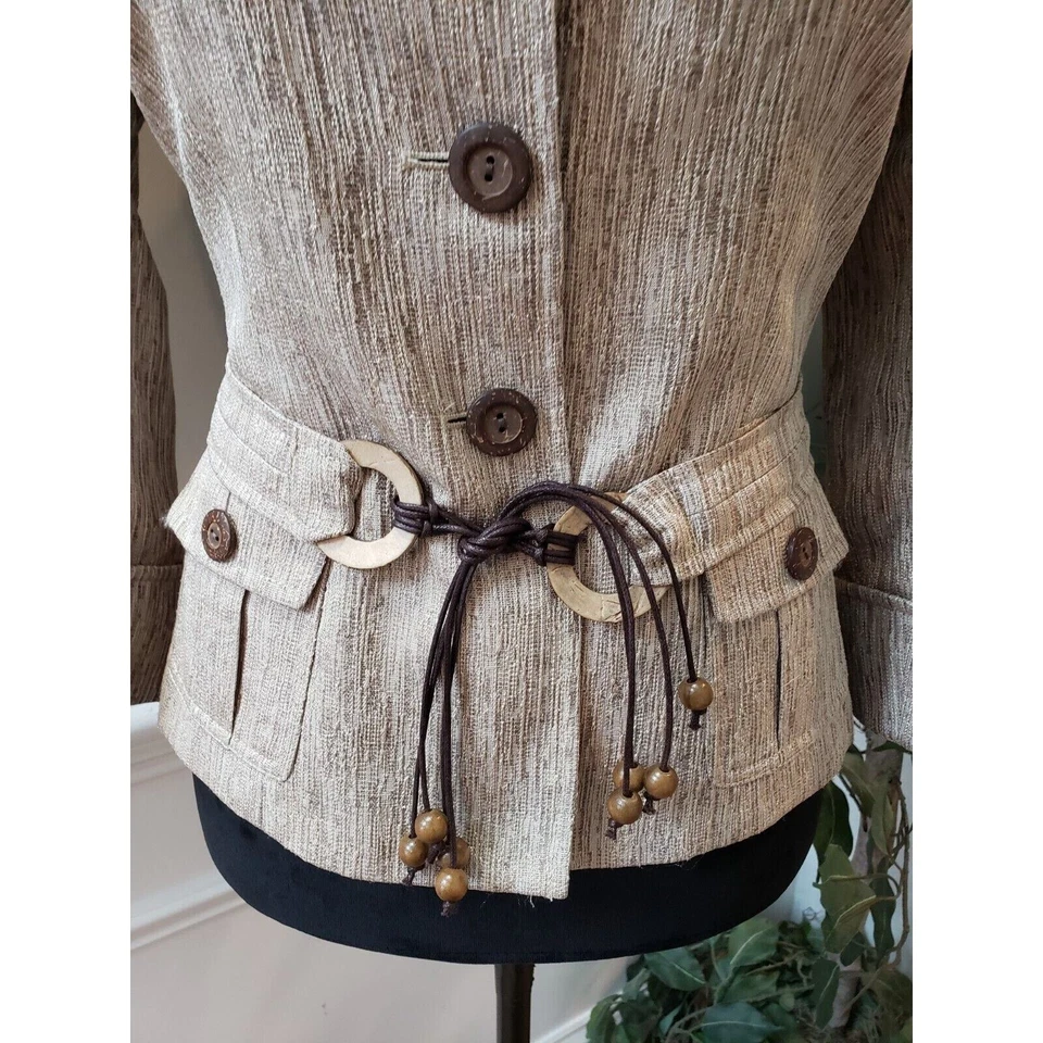 Chaqueta Blazer Tahari Arthur S Levine Para Mujer Beige Tweed Cinturón Botón Frontal 4 Foto 3 de 4