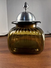 Artland Ribbed Glass  Apothecary Canister Brown Pewter Airtight lid