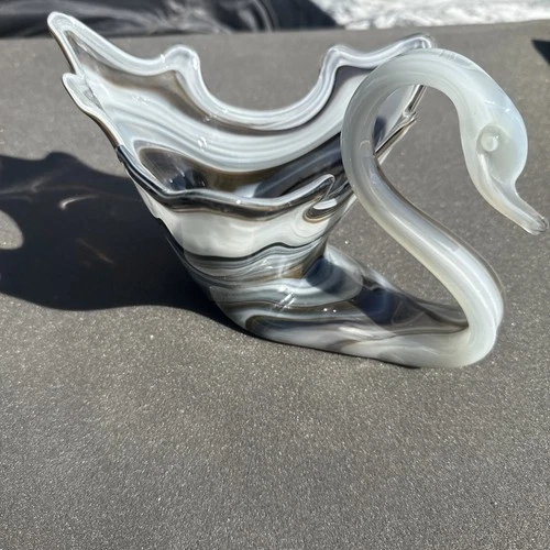 Vintage Sooner Swan MCM Bowl Gray White Swirl Murano Style Hand Blown Art Glass.