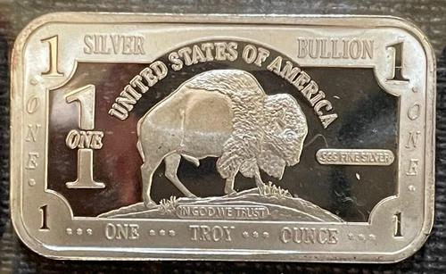 Silver Buffalo Bar Bullion USA One Troy Ounce .999 Fine Silver