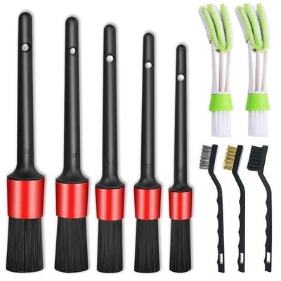 Nurkul 11Pcs Auto Detailing Set, Boar Hair Brushes, Steel Wire & 11 Pcs, Red 