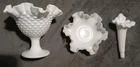 3 Piece Lot Of Vintage Fenton Milk Glass Hobnail Candy Dish, Bowl, Epergne Horn