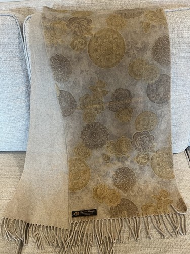 Loro Piana Cashmere Scarf Shawl Wrap Fringe Medallion Floral Beige Brown ITALY