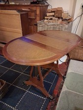 Small Vintage Brown Leather Top Drop Leaf Side Wooden Table - Sides Fold Down 