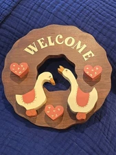 Vintage Farmhouse Wooden Welcome Wreath Sign Country Geese & Hearts Pink