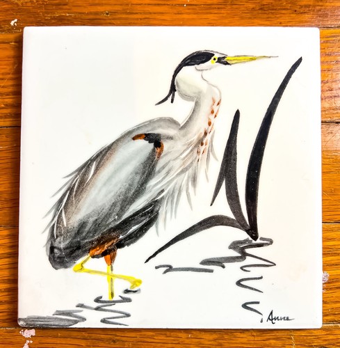 Vintage Hand Painted Heron Tile Coastal Birds Signed Ceramic Gray Coaster Gift