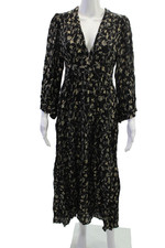 Doen Women Maxi V-Neck Black Floral Cotton Long Sleeve Dress Zip Size S
