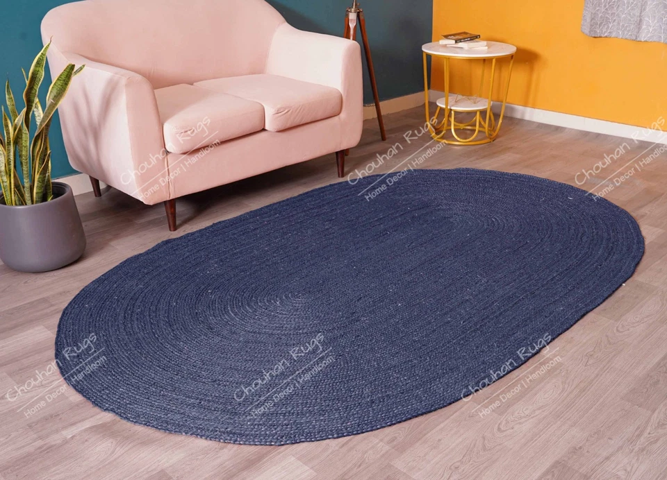 Alfombra de yute natural india trenzada a mano azul marino forma ovalada alfombra de porche vintage Foto 4 de 4
