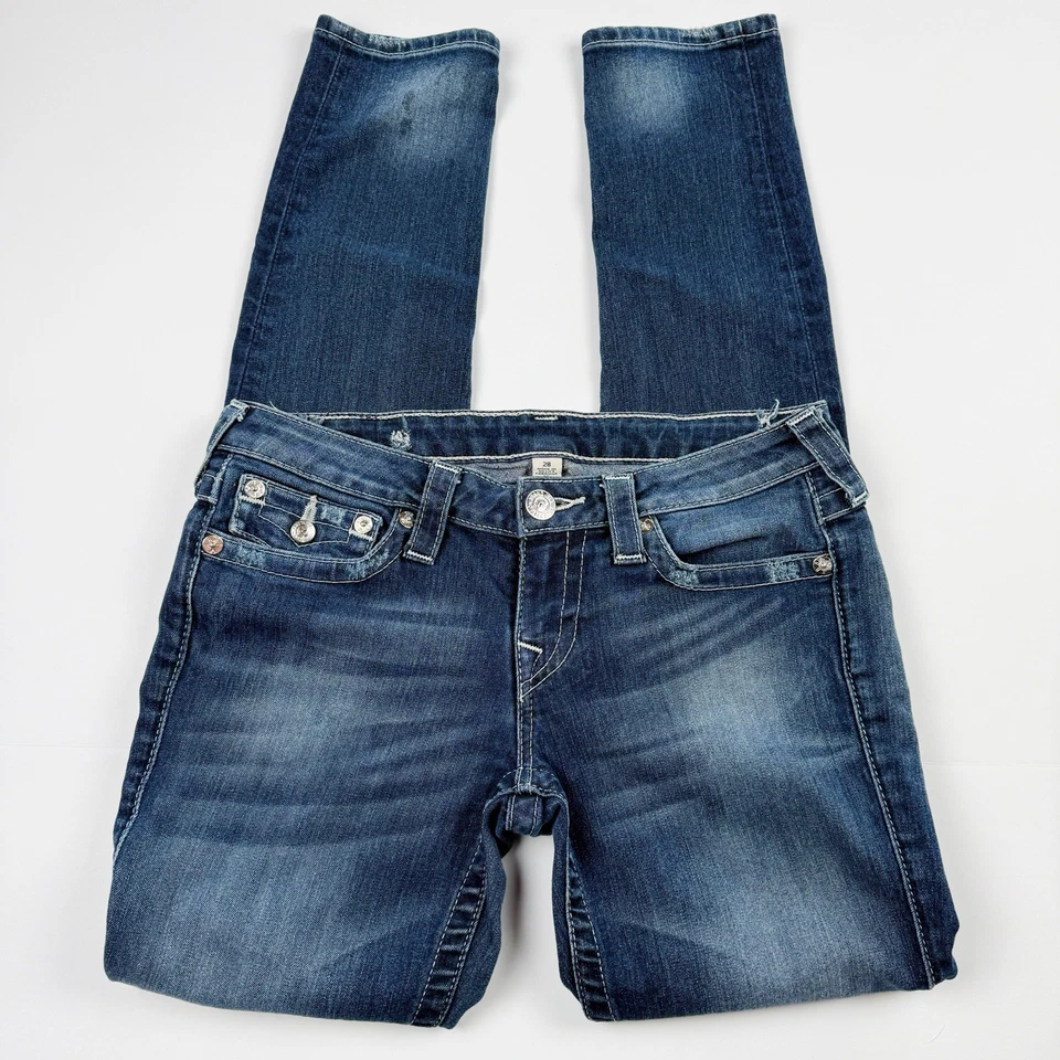 Pantalones de mezclilla ajustados True Religion para mujer talla 28 azul tiro medio bolsillos con solapa” Foto 4 de 4