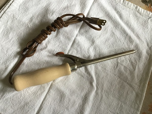 Vintage Hair Curling Iron with Wooded Handle 9 3/4" Long - Tested Works - Nice