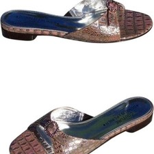 Donald Pliner Metallic Gator Leather Rhinestone Buckle Sandal Shoe Flat 250 NWT