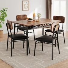 5-Piece Dining Table Set for 4 with Storage Rack, Wood Table & Upholstered Chair