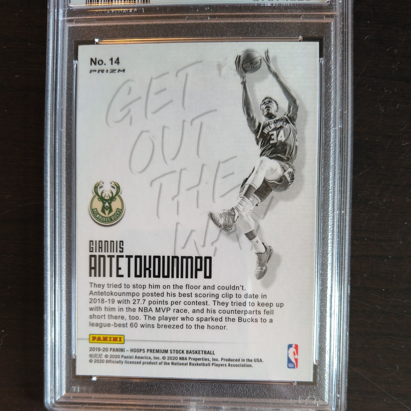 2019-20 Hoops Premium Stock Giannis Antetokounmpo Get Out The Way #14 PSA10 view 2