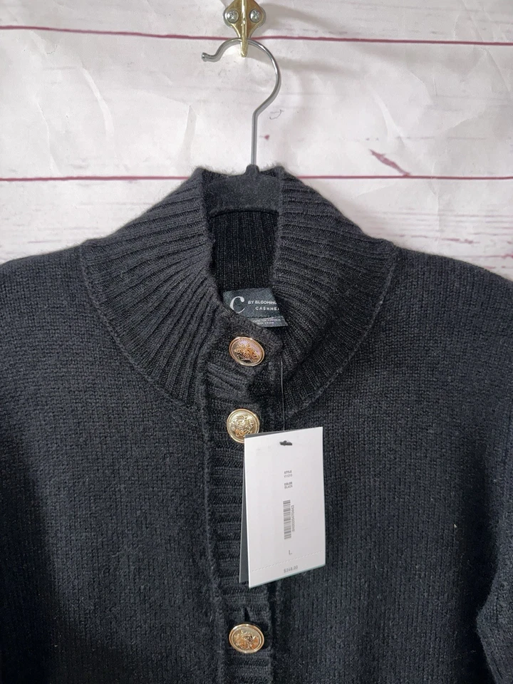 BLOOMINGDALES NWT Size L 100% Cashmere 2-Ply Button Cardigan Sweater Black F4 - Image 2 of 4