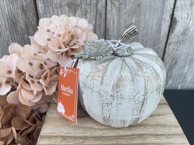 MARTHA STEWART 5 INCH White Washed Wood Pumpkin Silver Stem NWT