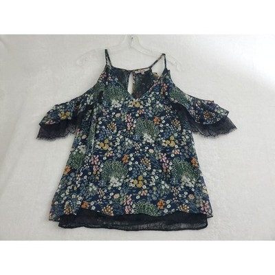 Miss Me Women s Medium Blue Floral Cold Shoulder Layered Blouse Boho Top