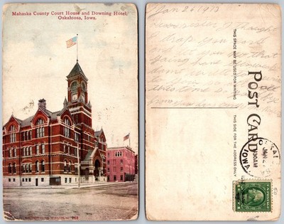 Mahaska County Court House and Downing Hotel Oskaloosa Iowa Postcard