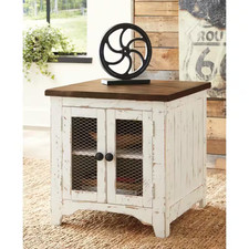 Wystfield 24 In. White/Brown Rectangle Wood End Table with Cabinet and Shelf