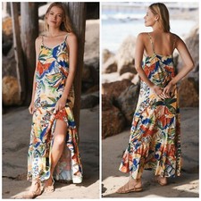 Anthropologie Farm Rio Palm Trees Cover-Up Maxi Dress Tiered Floral Birds SMALL