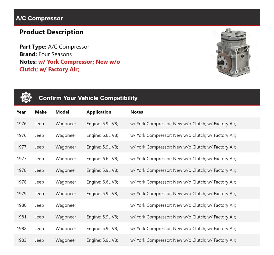For 1976-1983 Jeep Wagoneer A/C Compressor 4 Seasons 1977 1978 1979 1980 1981 - Image 2 of 4