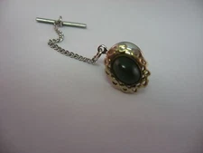 Vintage Men's Tie Tack Jewelry: Beautiful Green Center Fancy Gold Tone Border