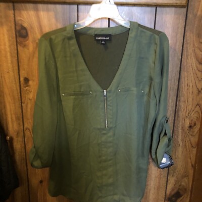 Fortune & Ivy Olive Green V neck Zip Pullover Roll Tab Sleeve Top Sz Med NWT