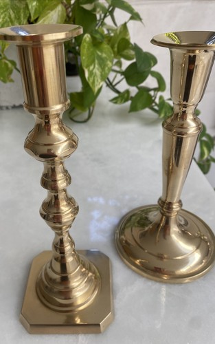 Andrea By Sadek Mis-Matched Pair Of Solid Brass Candlesticks Vintage Excellent - Picture 3 of 5