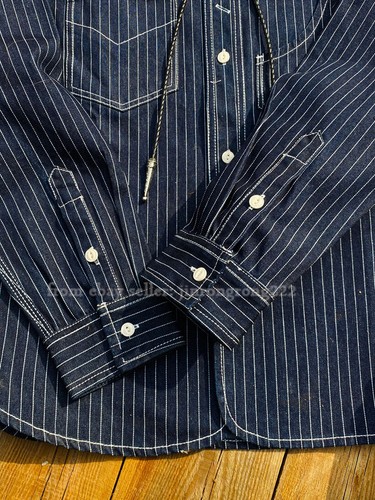 American Vintage 12.5oz Striped Shirt Indigo Indigo Denim Cargo Shirt for men - Picture 2 of 16