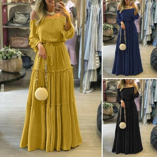 Damenmode Schulterfrei Schnürung Gürtel Strand Urlaub Rüschen Morgenmantel Maxikleid