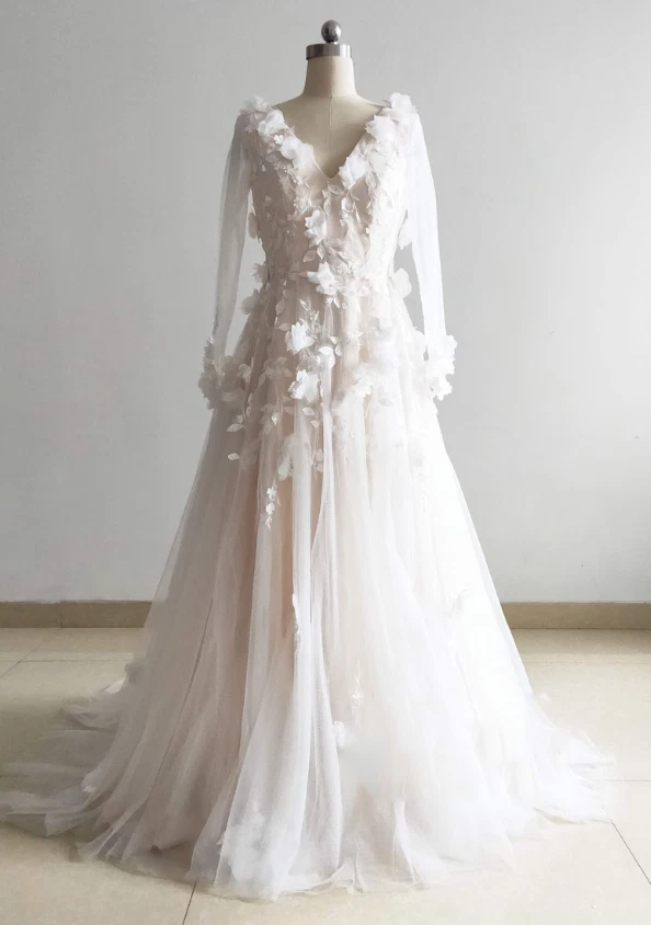 Ivory Lace Floral Wedding Dress Short Train 3D Lace Long Sleeves Wedding Gowns - Image 2 of 4