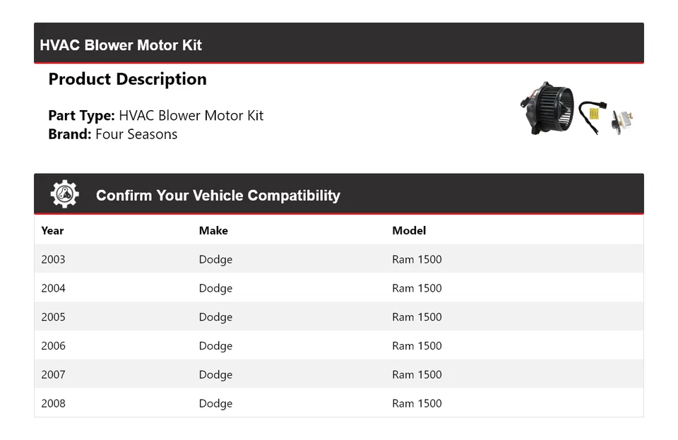 For 2003-2008 Dodge Ram 1500 HVAC Blower Motor Kit 4 Seasons 2004 2005 2006 2007 - Image 2 of 3