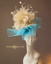 Kentucky Derby Hat Off White Cream Rose Aqua Blue Royal Ascot Fascinator Del Mar