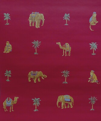 1 of 6 Double Rolls of Thibaut Red Designer Wallpaper Monkeys Elephants Camels