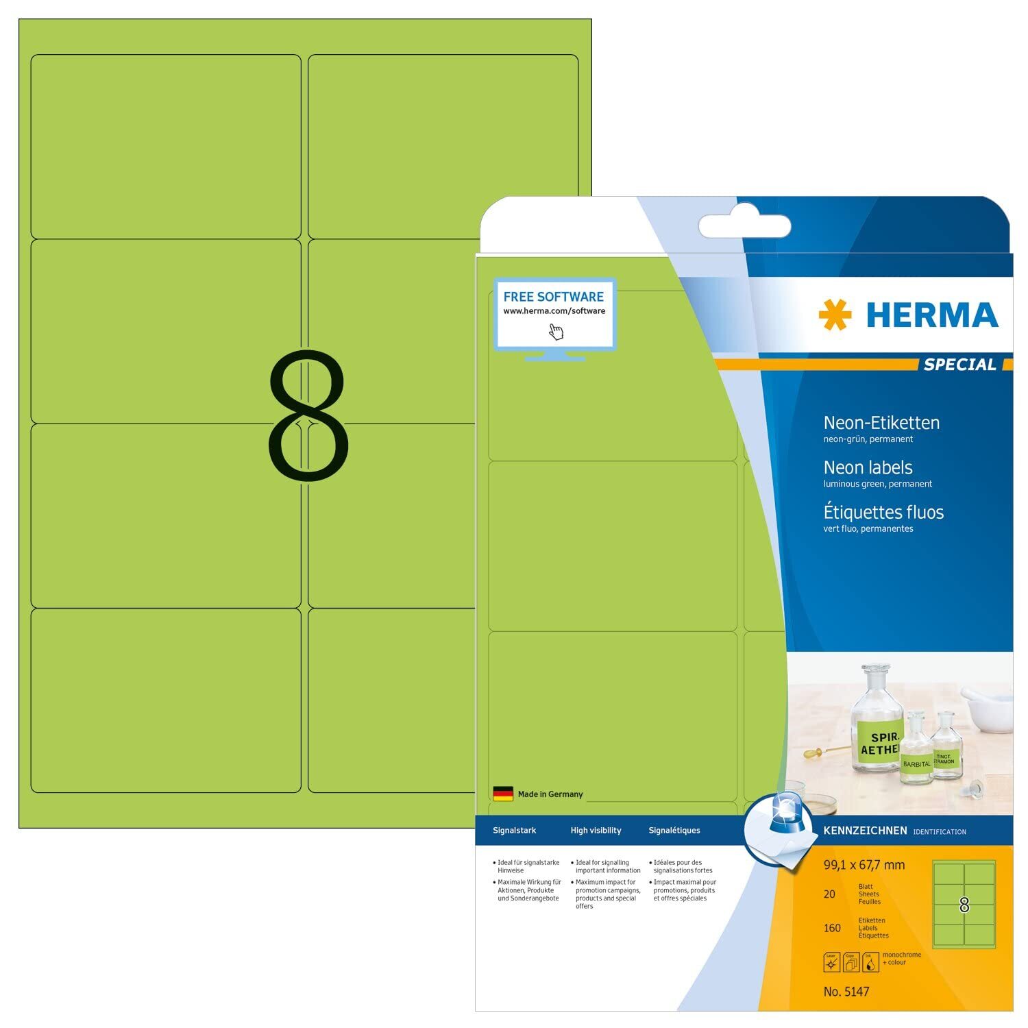 HERMA Self Adhesive Coloured Labels, 8 Labels Per A4 Sheet, 160 Labels For Print