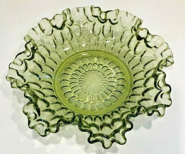 Vintage Fenton Colonial Green Thumbprint Crimped Ruffled Edge Dish Bowl