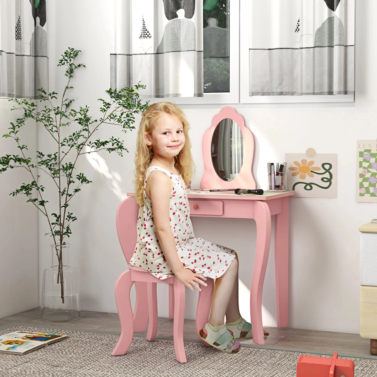 Kids Vanity Set Childrens Mirror Dressing Table Storage Drawer