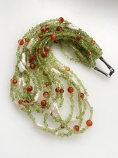 Vintage Green Peridot, Orange Carnelian & Keshi Biwa Pearl Multi Strand Necklace