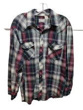 Open Trail Mens Western Shirt Size L Blue Red Green Plaid Vintage Pearl Snaps