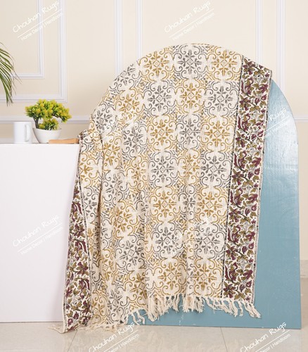 Hand Loom Hand Block Printed Bed Boho Cotton Throws Fringed Blanket Beach Throw - Picture 7 of 37
