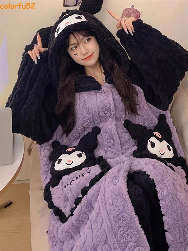 Kawaii Kuromi Coral Fleece Sleeping Robe Pants Women Winter Pajamas Home Wear - Image 4 of 4