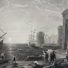 ANTIQUE 19th Century Engraving Etching Art Junk B&W - Sea Port, Floyd