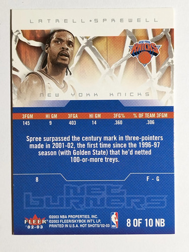 2002-03 Fleer Hot Shots Net Burners #8 Latrell Sprewell - Picture 2 of 2