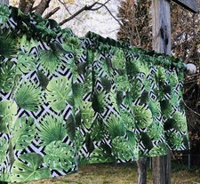 Tropical Green Leaf Leaves on Black White Kitchen Bath Cotton Curtain Valance