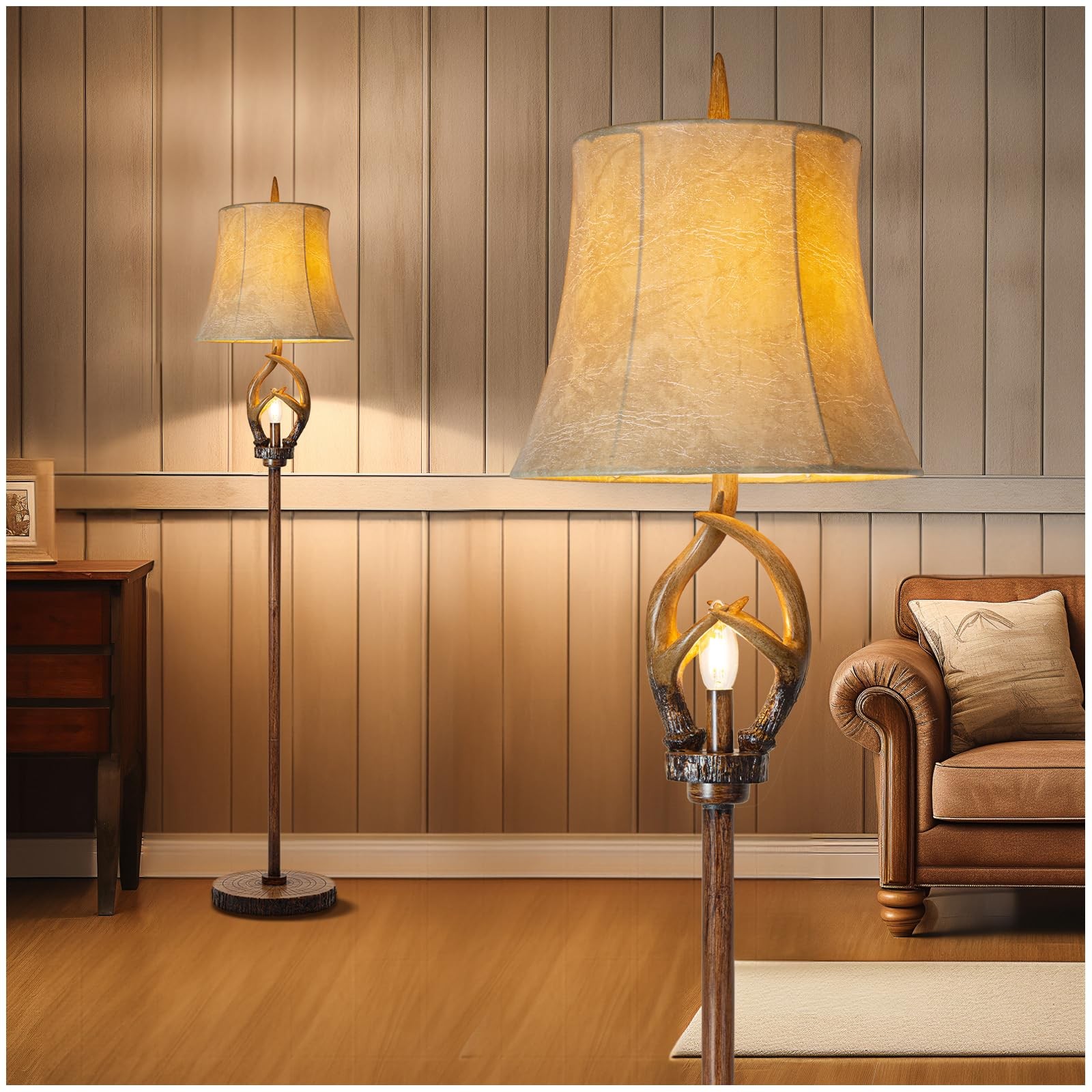 Rustic Farmhouse Antlers Floor Lamp with Night Light Faux Leather Bell Shade ...