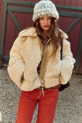 Free People Oversized Jolie Teddy Jacket Reversible Faux Fur Leather Tan XS NWT