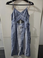 Express Dress Womens 6 Blue Faux Wrap Cut Out Waist Tie Stripe Linen Blend Beach
