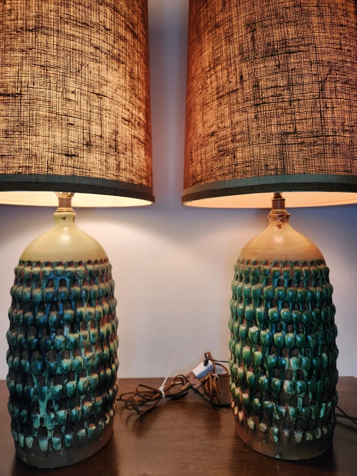 Pair MCM Pottery Lamps Green Drip Glaze - Fantoni Style Brutalist -ALL ORIGINAL - Image 2 of 4