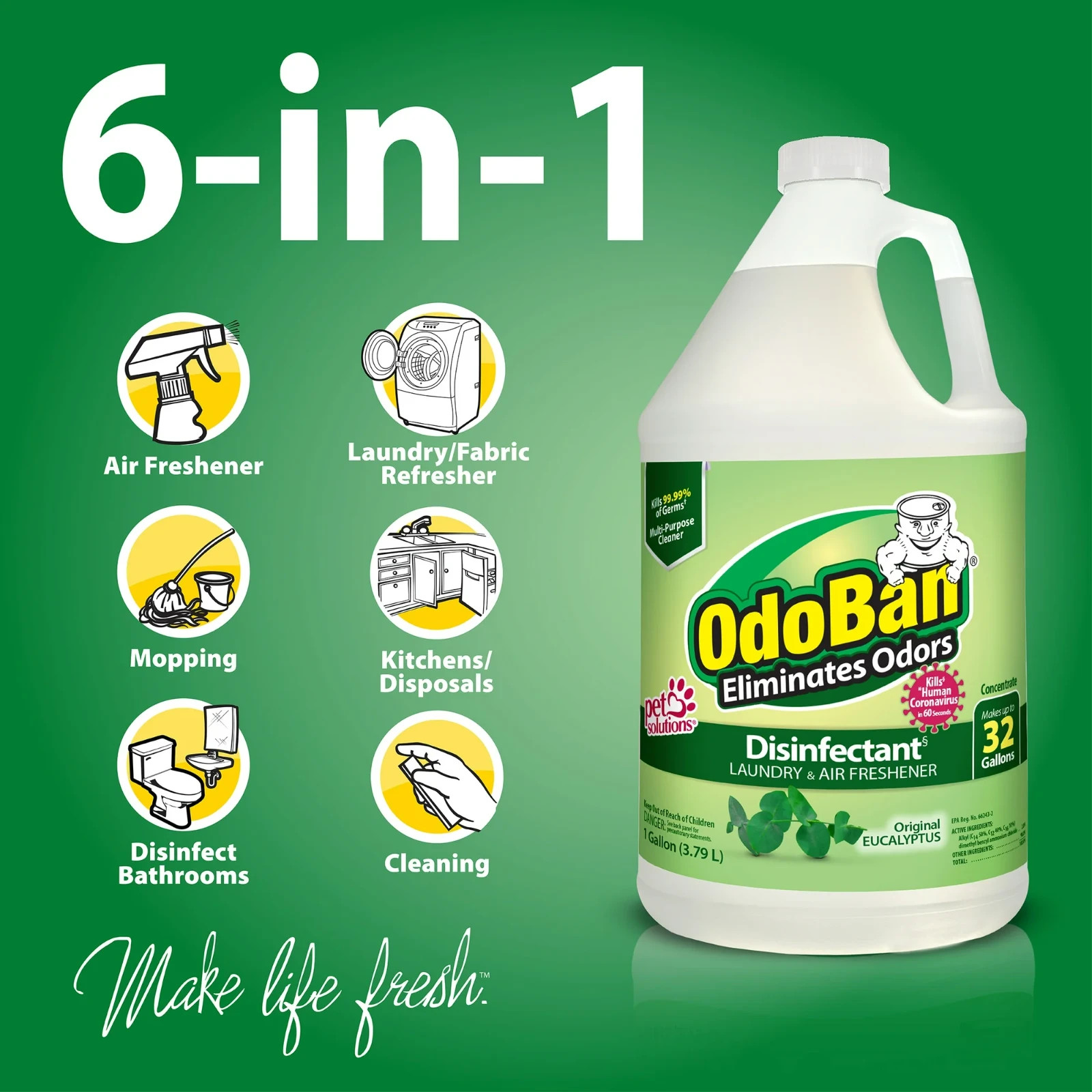 OdoBan Disinfectant Concentrate and Odor Eliminator, 1 Gallon, Original Eucalypt
