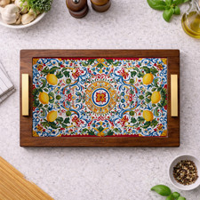 Tempered Glass Insert Walnut Wood Serving Tra...